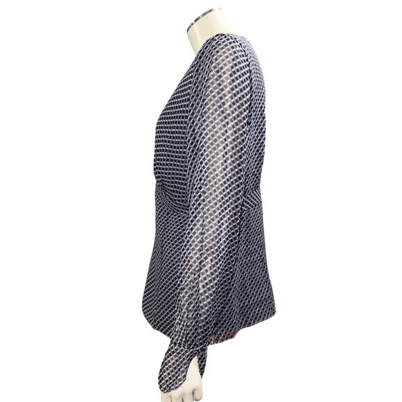 Ann Taylor Size 8 Navy Silk Blouse Geometric Print Long Sleeve Side Zip Y2K Work - Picture 3 of 13